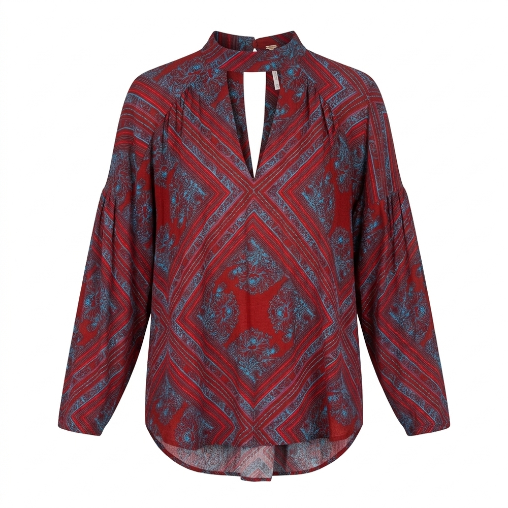 Free People red and blue floral geometric print blouse with split neckline, plea